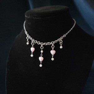 Vintage coquette pink & silver hearts chandelier necklace